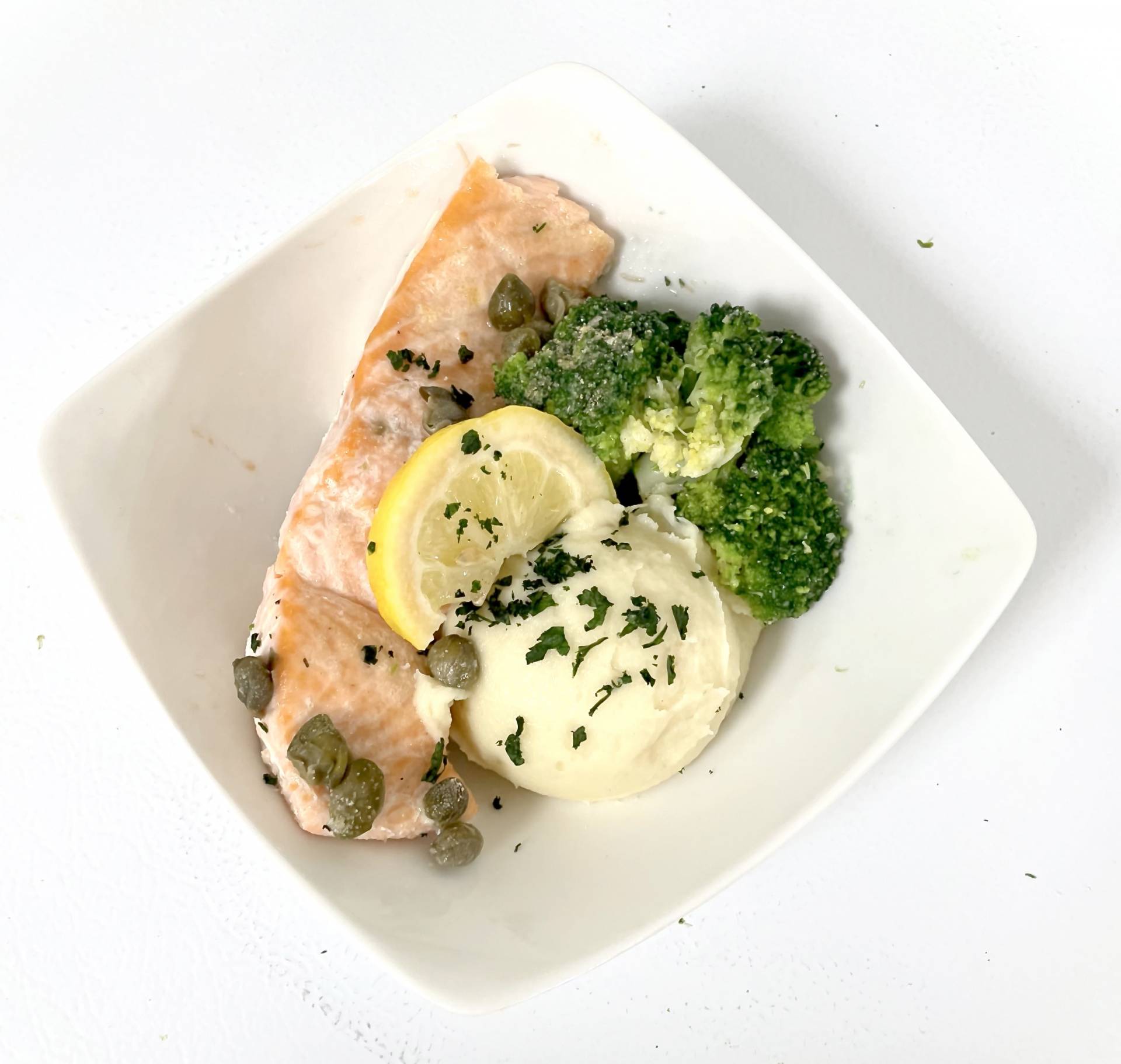 Baked Salmon with a Lemon Caper Butter Sauce and Cauliflower Mashed Potatoes - Low Fat