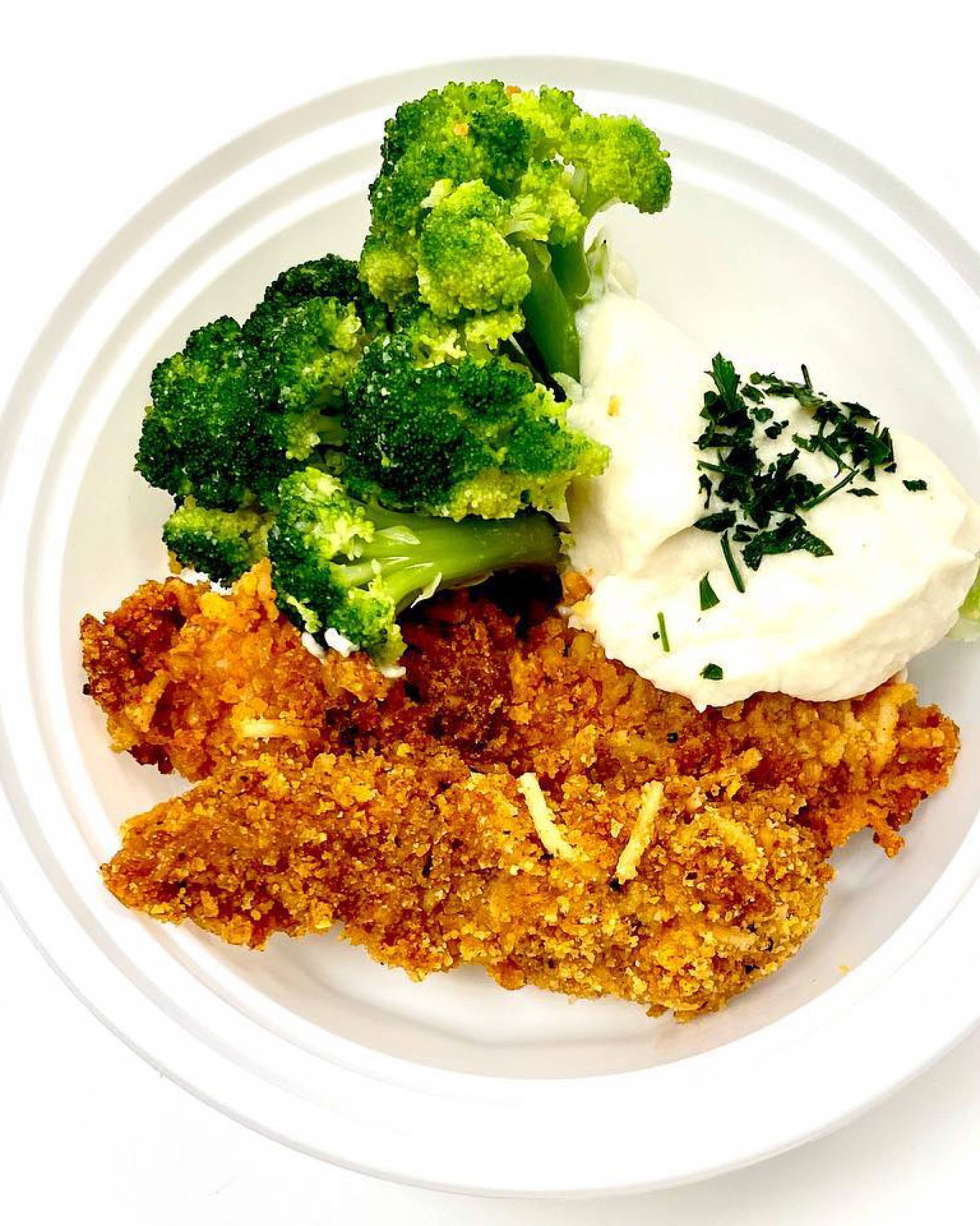Chicken Tenders with Parsnip Mashed Potatoes and Broccoli Crowns - Keto