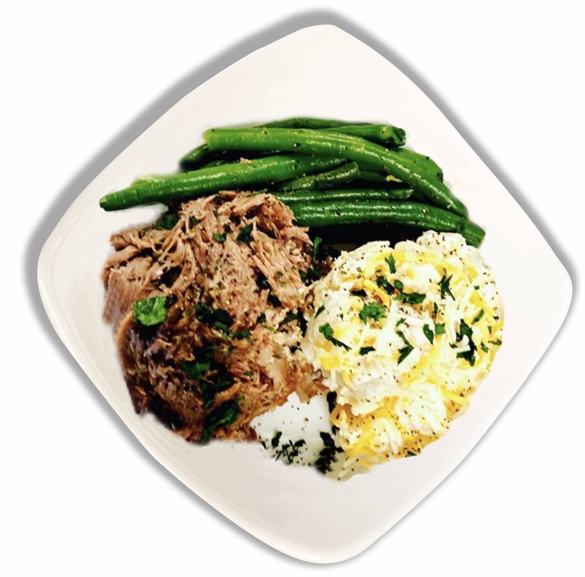 Roast Beef and Gravy with Cauliflower Mac and Cheese and Green Beans - Low Fat