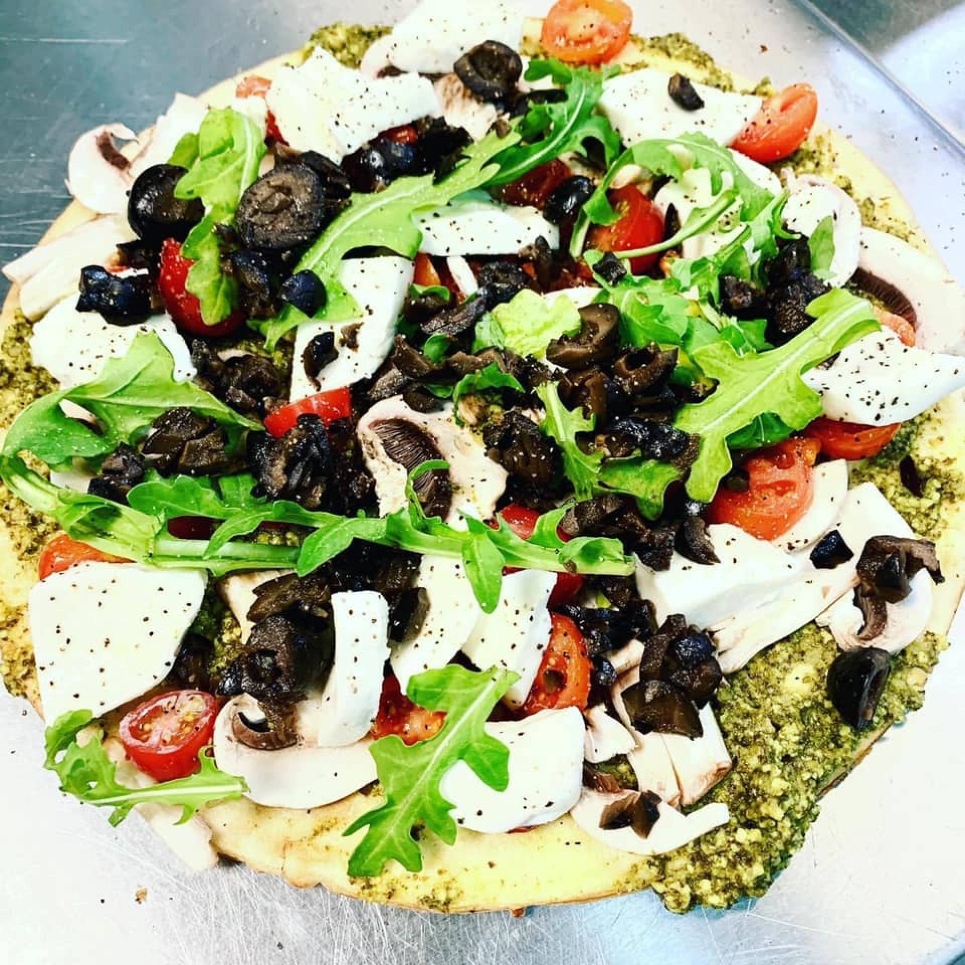 Pesto Chicken Pizza with Cauliflower Crust - Paleo