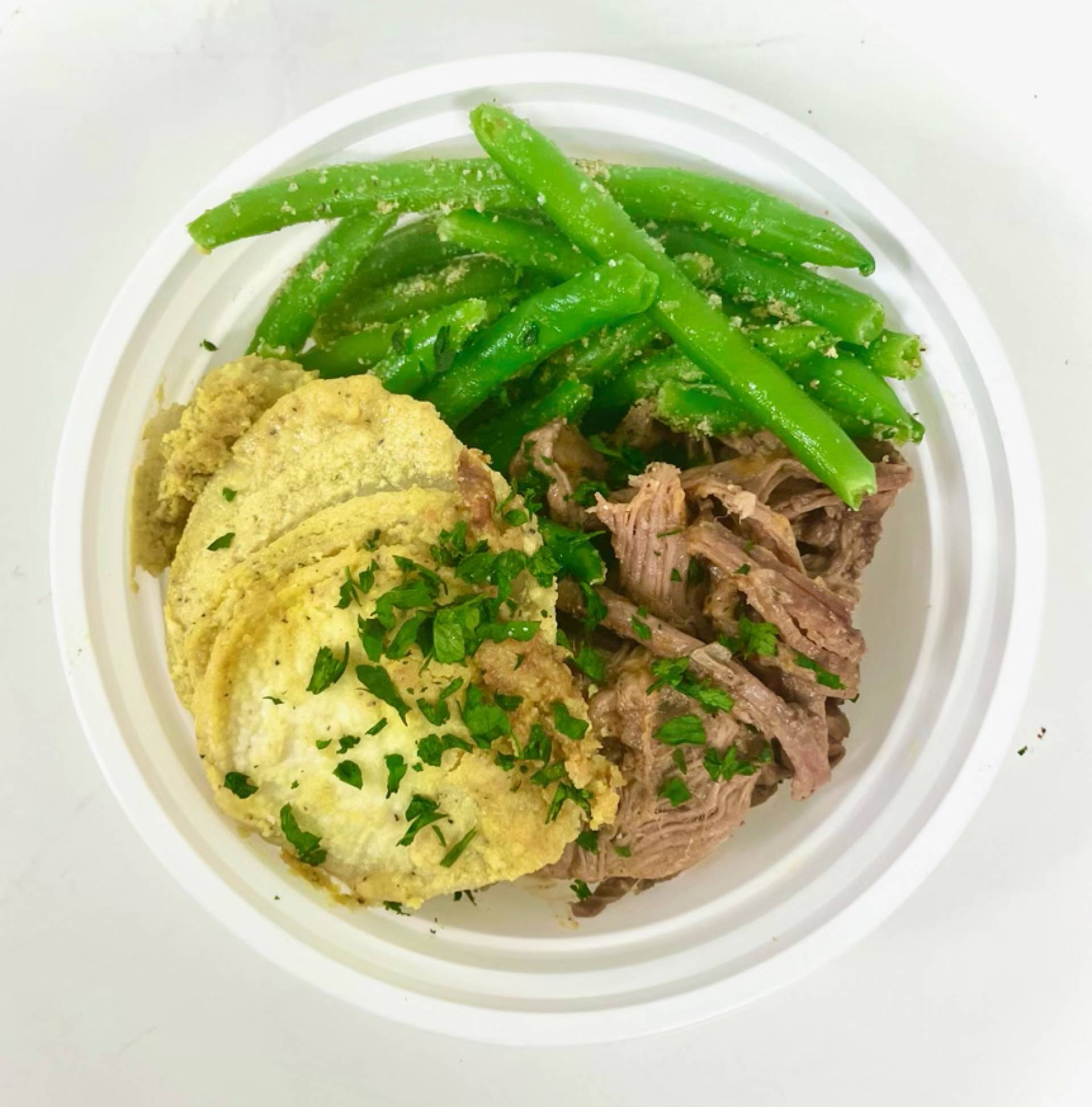 BBQ Pulled Pork with Turnip Augratin and Green Beans - Low Fat