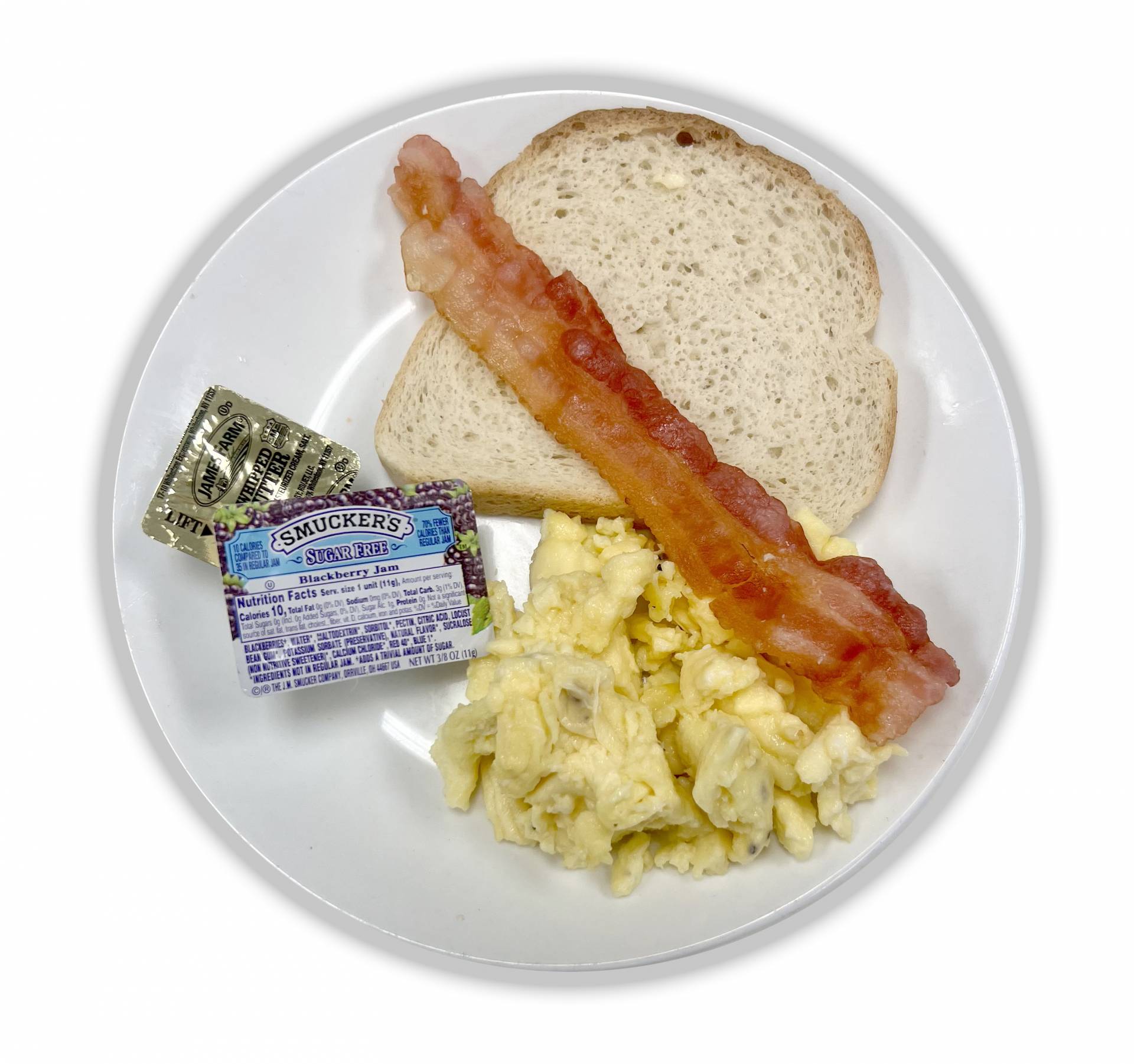 Scrambled Eggs with Toast, Sugar Free Jelly and Bacon