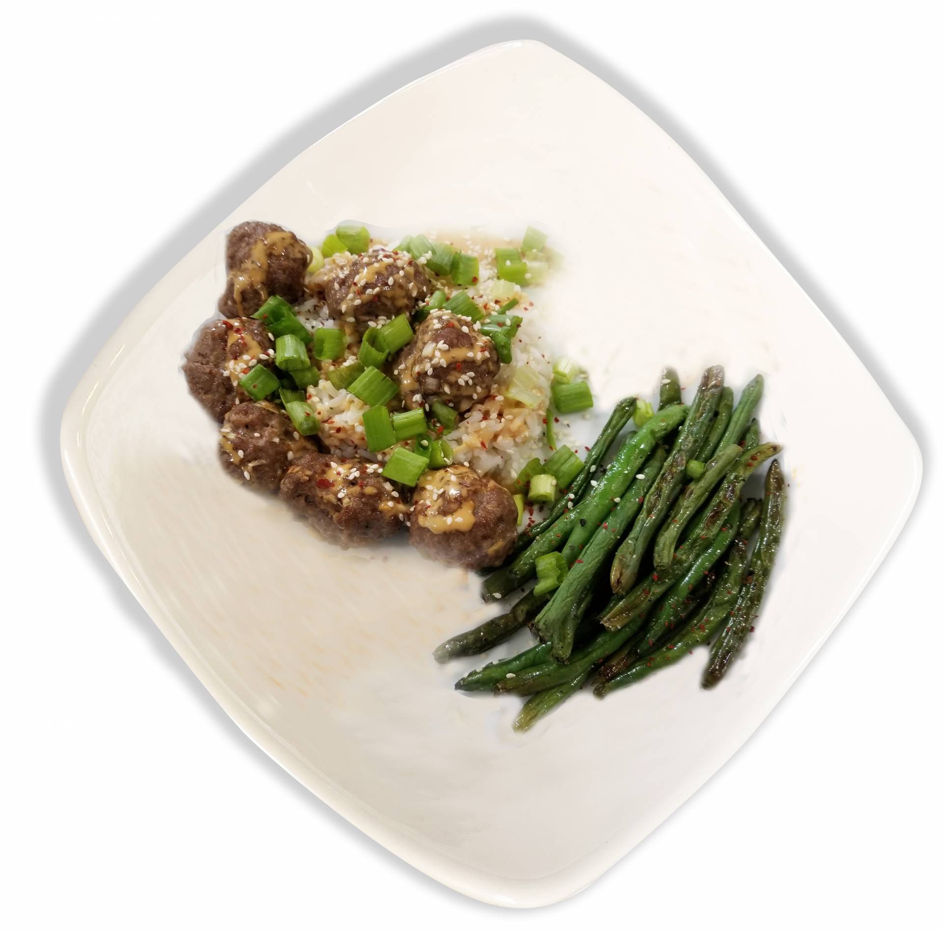 Firecracker Meatballs with Cauliflower Rice and Green Beans - Keto