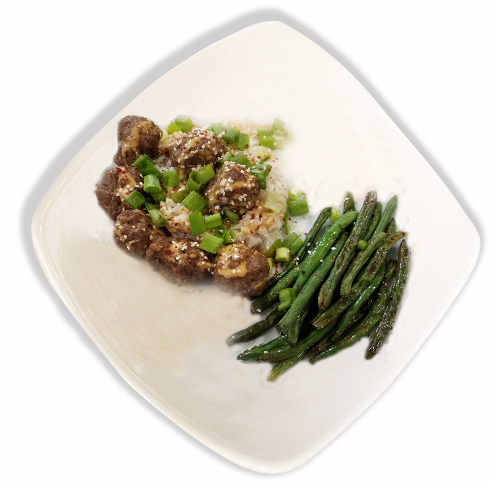 Firecracker Meatballs with Cauliflower Rice and Green Beans - Low Fat