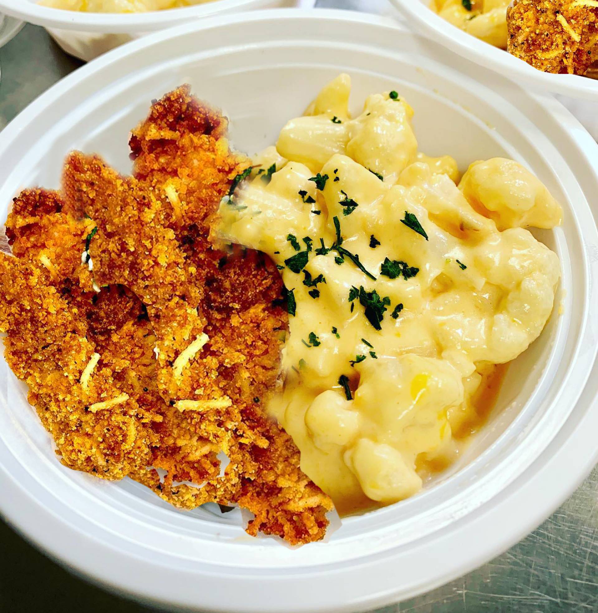 Chicken Tenders with Honey Mustard and Cauliflower Mac and Cheese - Low Fat