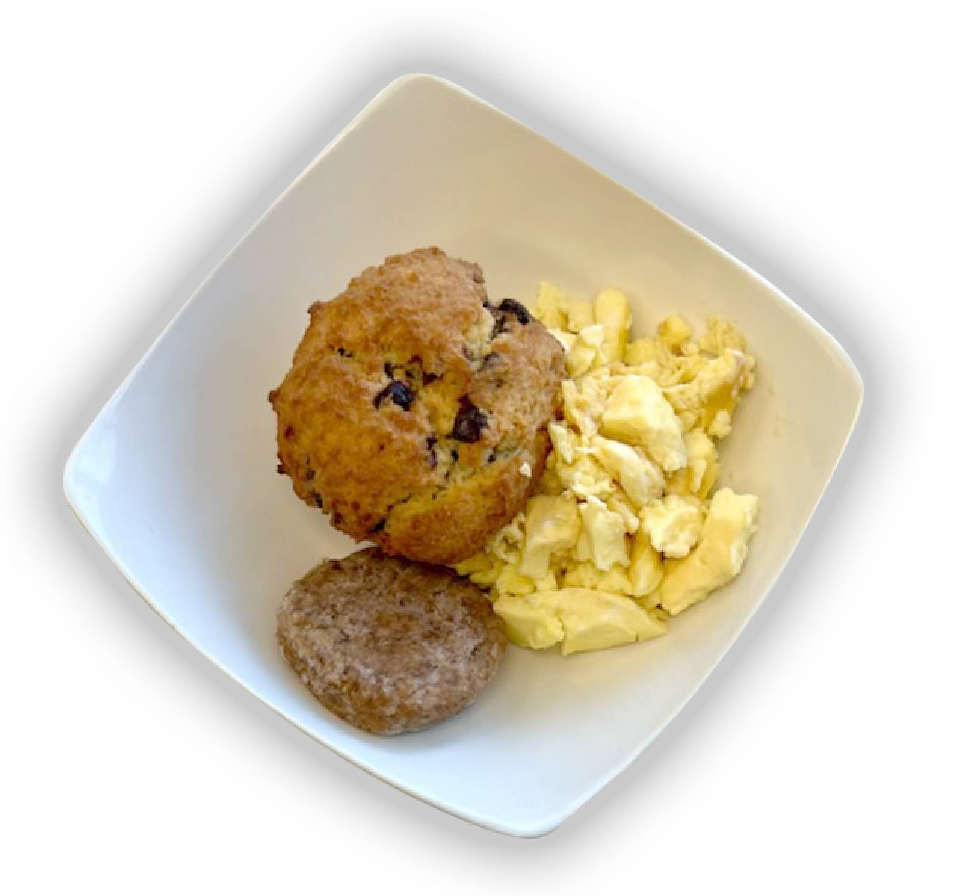 Chocolate Chip Muffins with Scrambled Eggs and Sausage Links