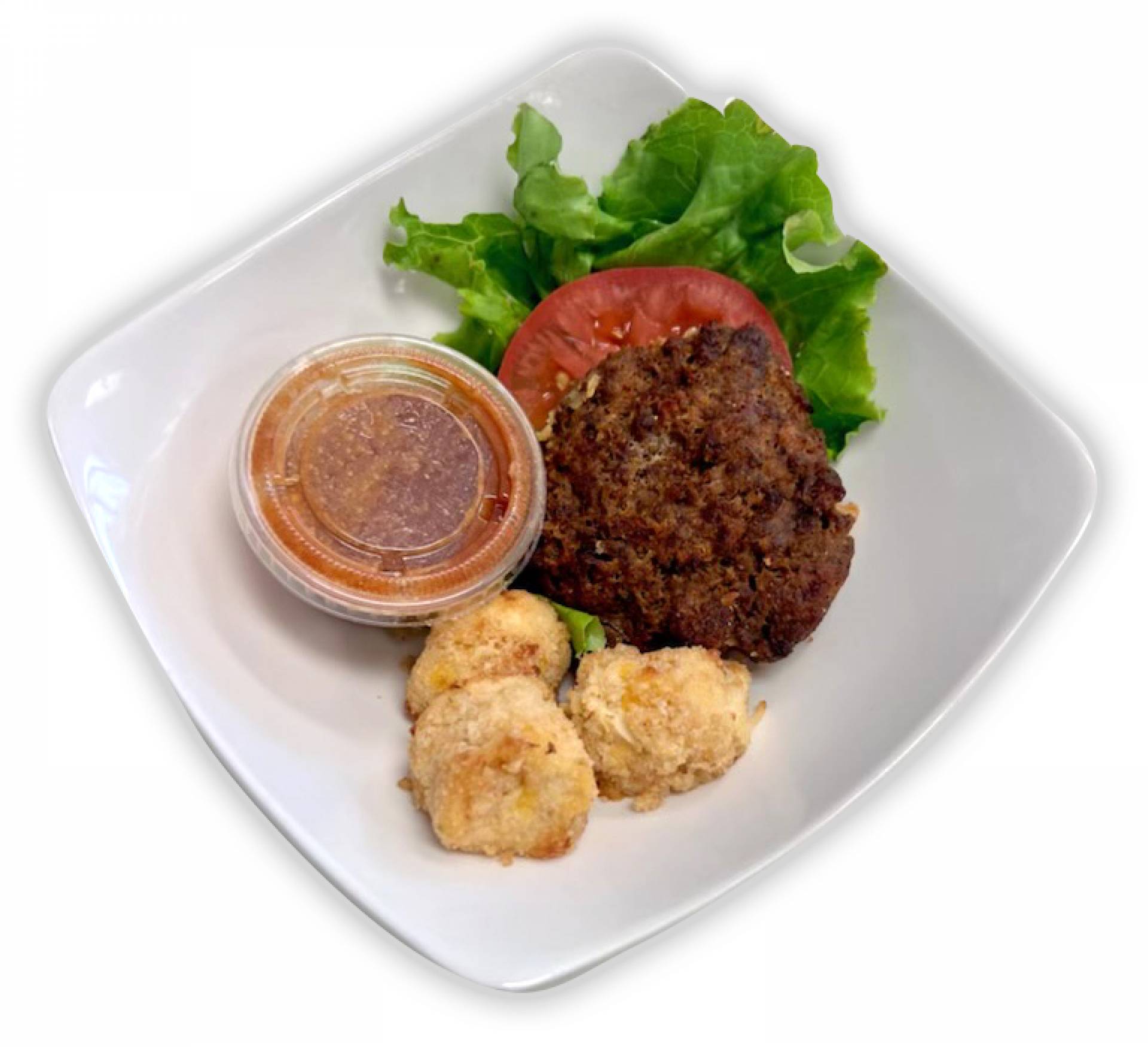 Hamburger on Lettuce Wrap with Cheese Tomato BBQ Sauce and Cauliflower Tots - Paleo