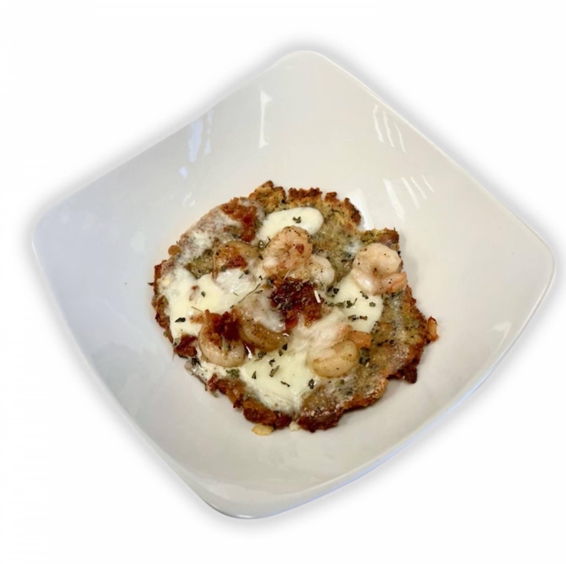 Shrimp and Bacon Alfredo Pizza on a Chicken Crust - Paleo