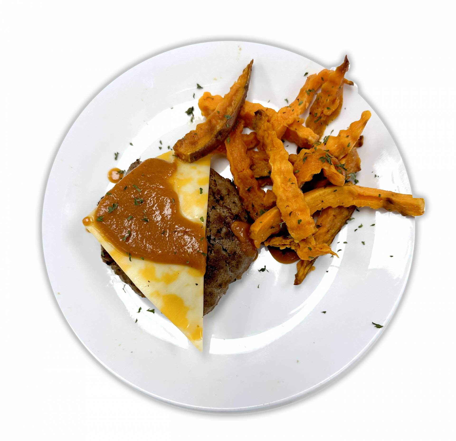 Bun Less Hamburger with Sugar Free BBQ Sauce and Sweet Potato Cubes - Low Fat